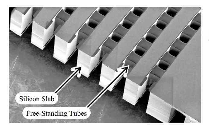 The Nectar fuel cell is fabricated on a silicon slab, but the passages and tubes of the fuel cell itself are made of extremely thin-walled silicon nitride