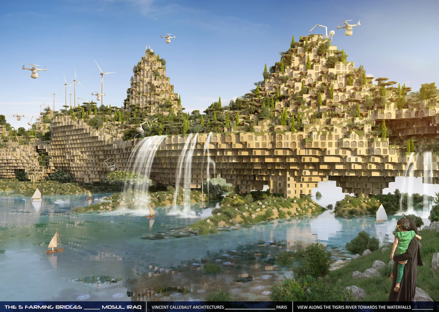 Vincent Callebaut Architectures' main idea centers around using high-tech 3D-printing robots to rebuild Mosul's five bridges that were destroyed during the fighting