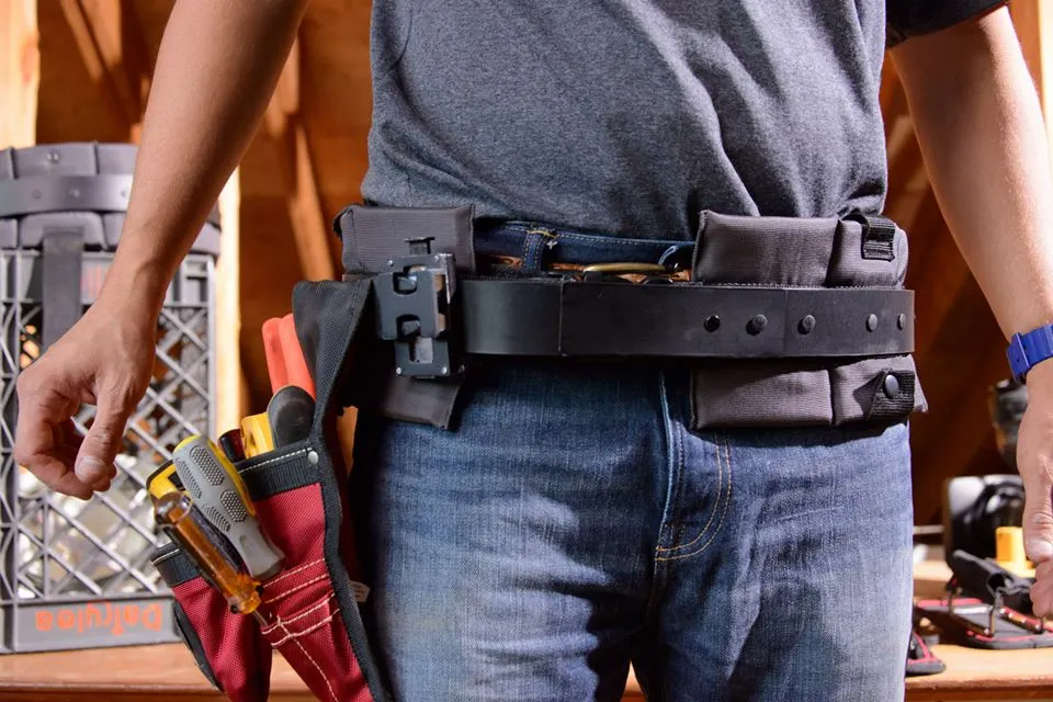 The TrakBelt360 allows pouches and tool holsters to be rotated around it, while the belt itself stays in place