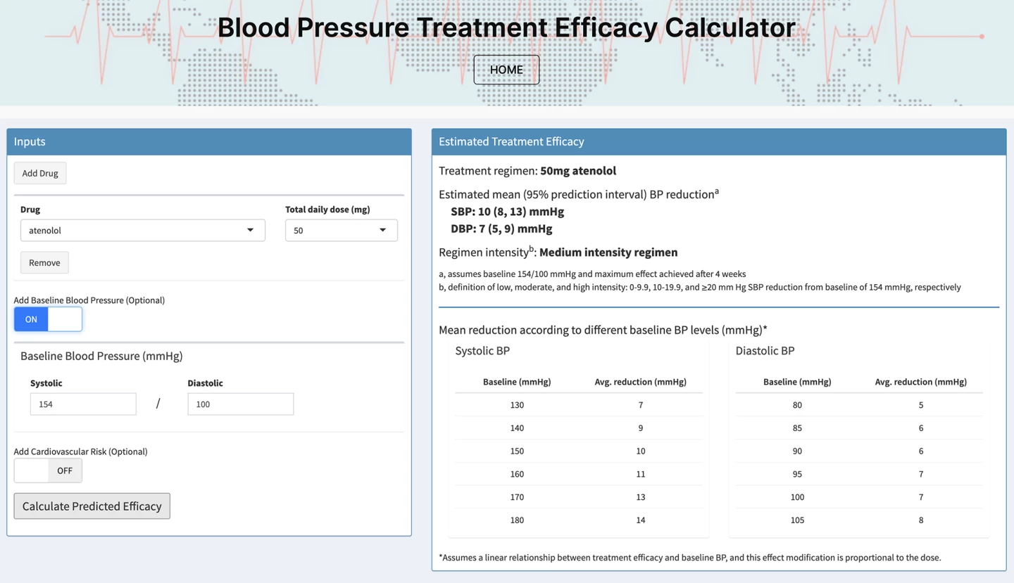 The online Blood Pressure Treatment Efficacy Calculator at work