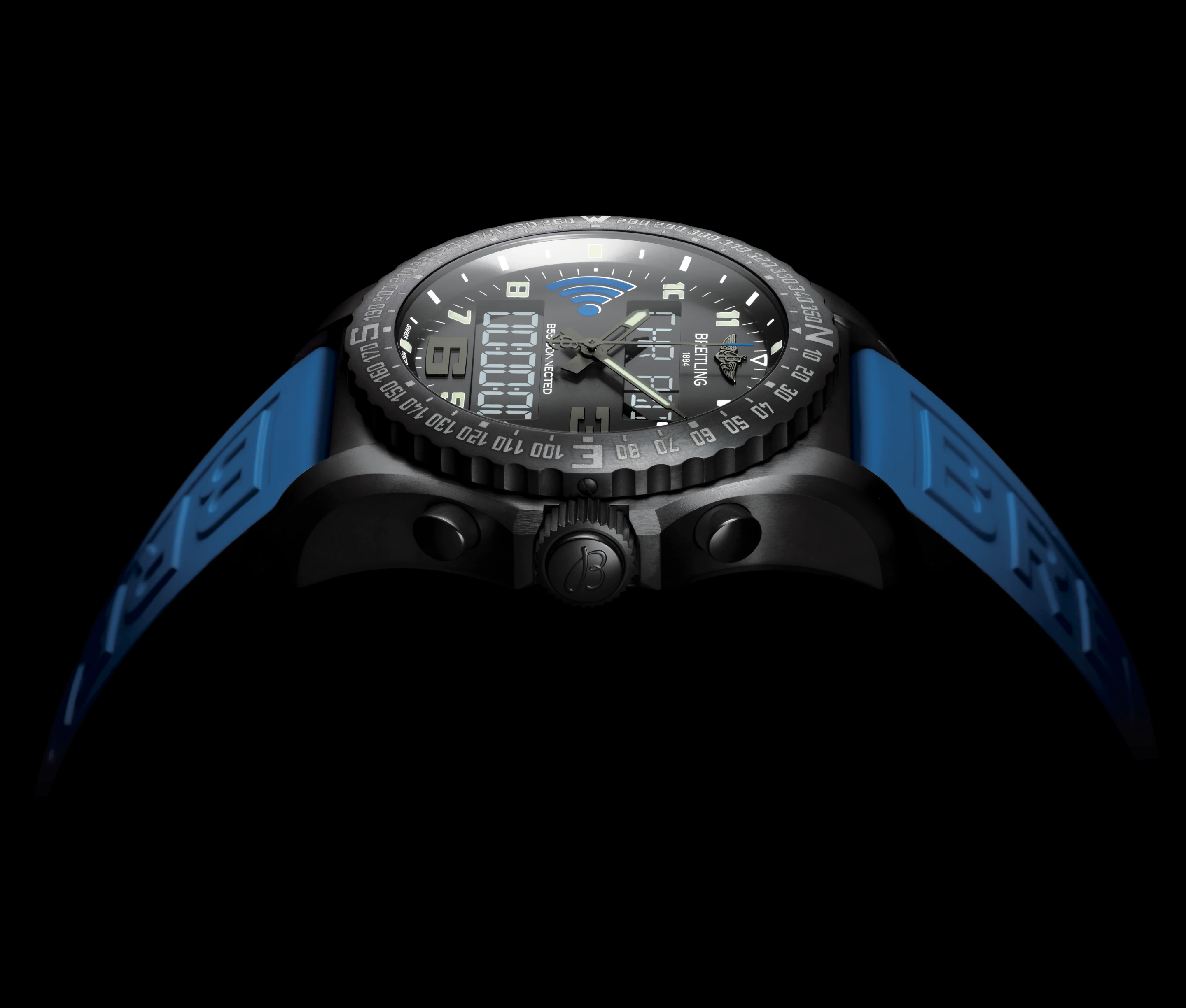 The Breitling B55 Connected has a blue and black theme