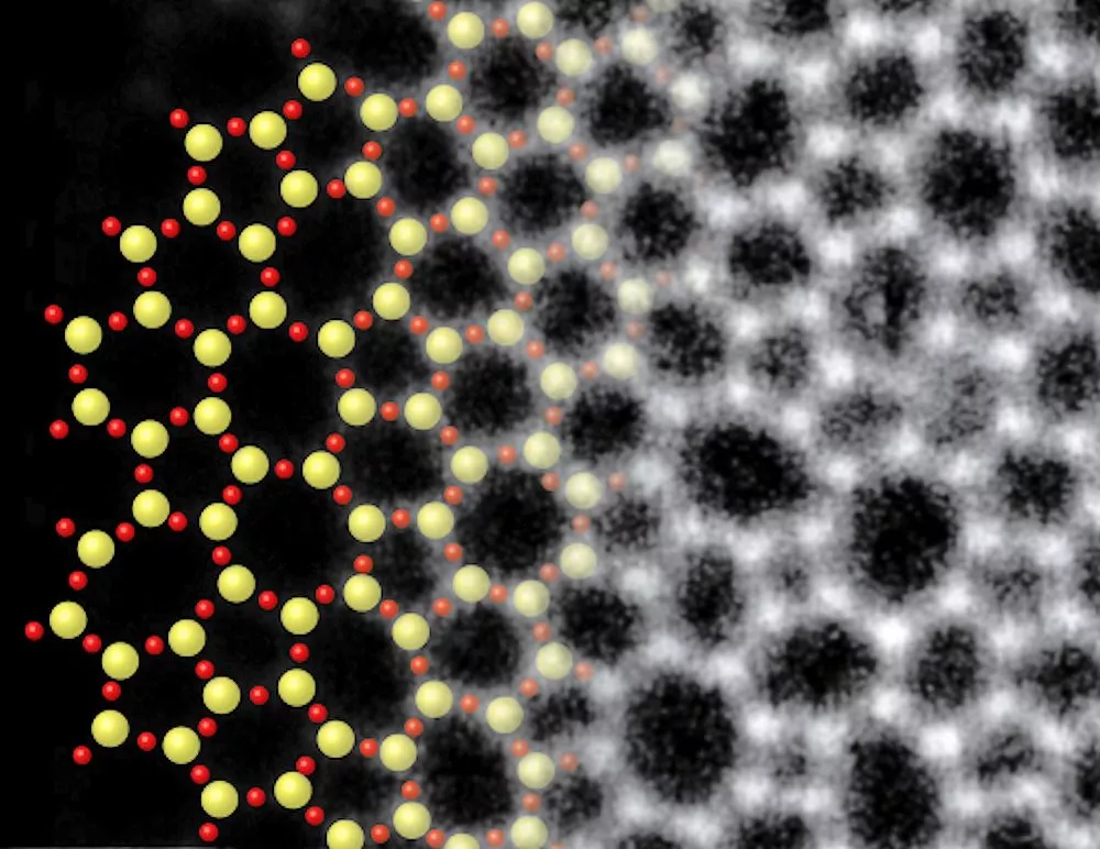 A cartoon model of a two-dimensional silica glass on the left is compared with an atomic resolution electron micrograph of the actual glass on the right (Photo: Cornell University)