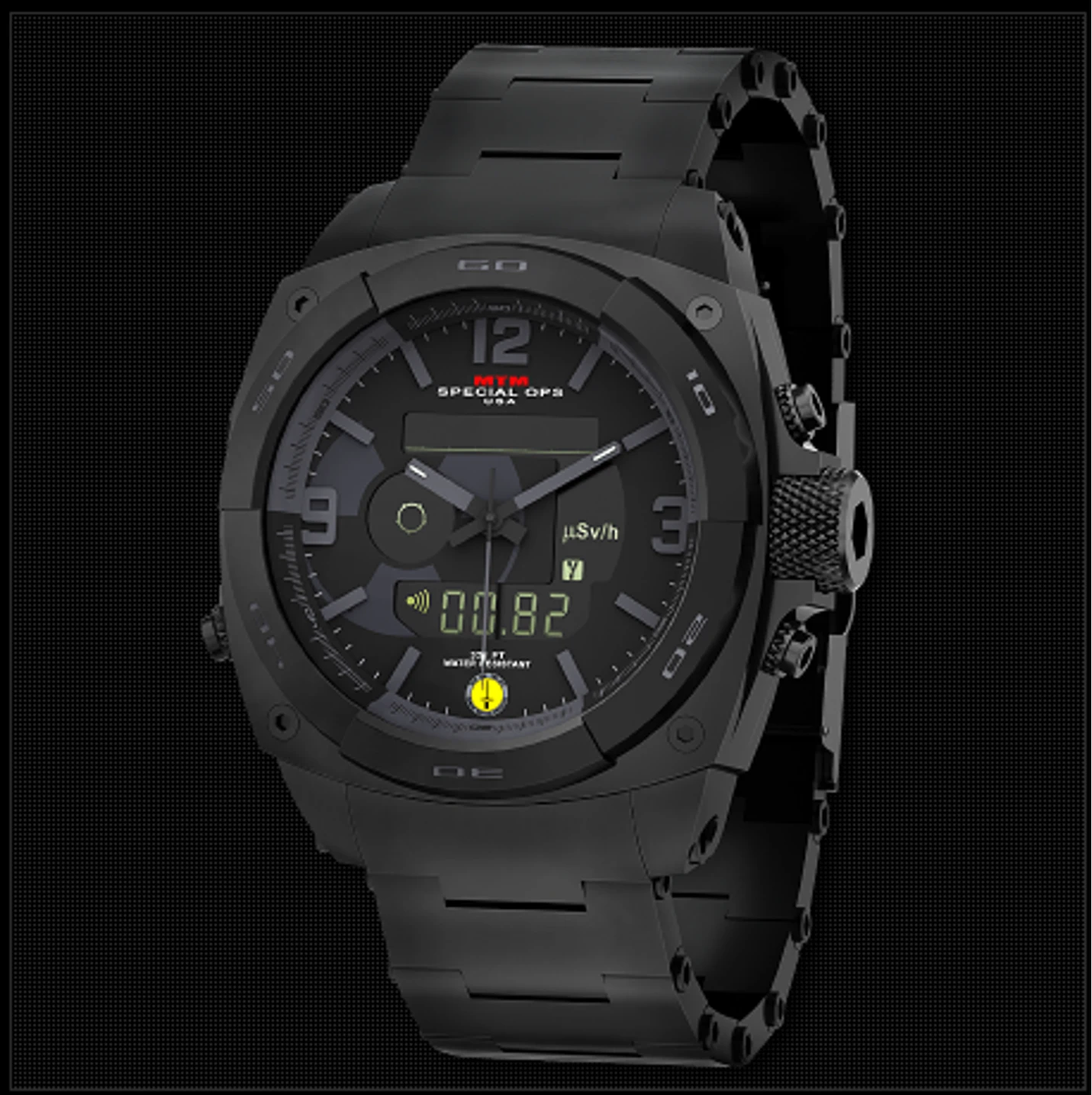 The MTM Special Ops RAD watch includes an integrated Geiger-Müller tube for measuring harmul ionizing radiation