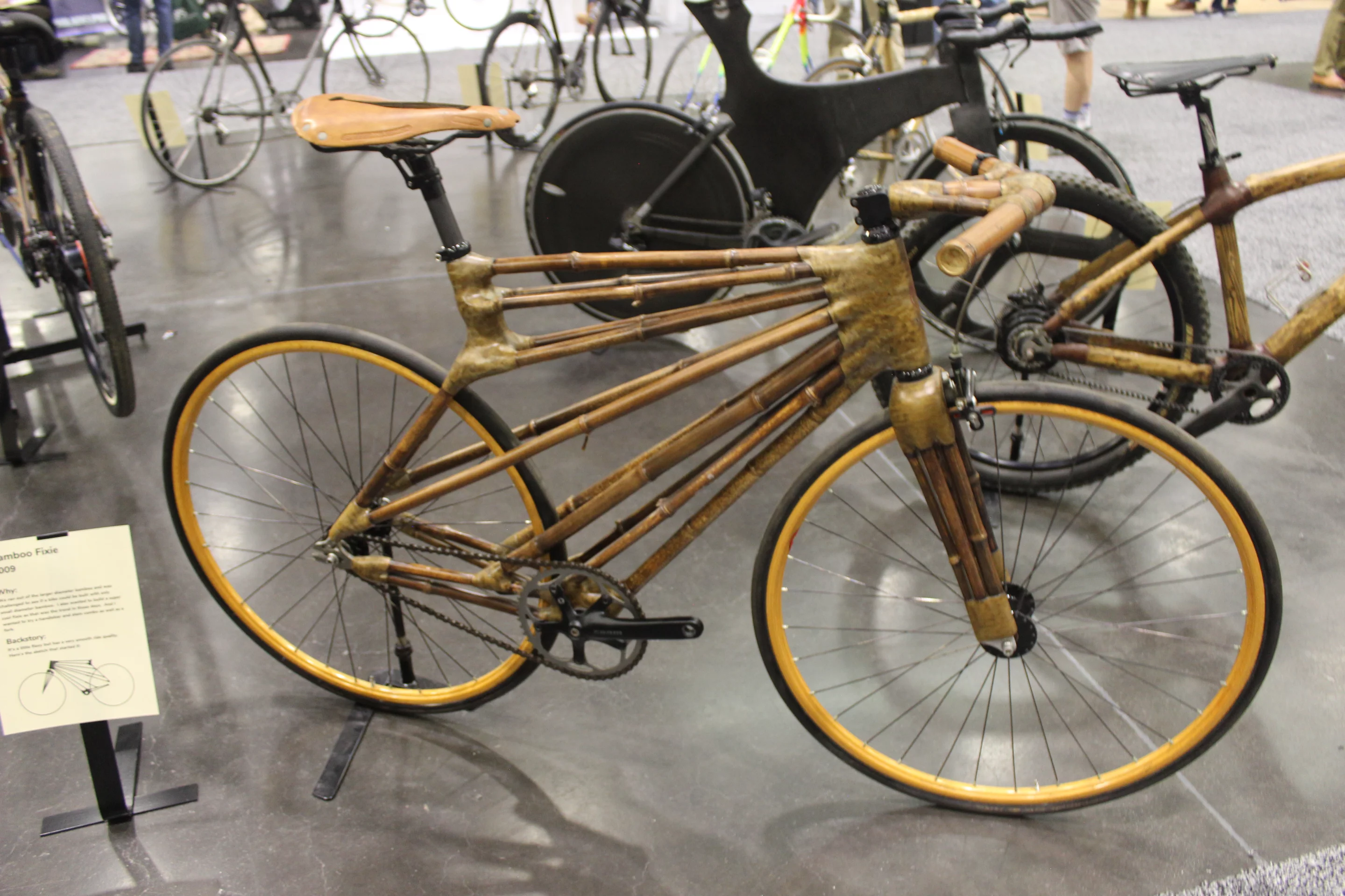 The crazy Bamboo Fixie concept from Calfee Design – it was built as a way of seeing if a frame could be made only from small-diameter bamboo