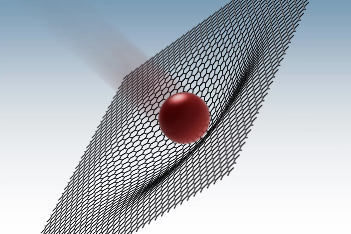 A rendering of a 3.7 micron-wide "microbullet" hitting a sheet of graphene, which deforms to absorb much of its kinetic energy (Image: Jae-Hwang Lee/Rice University)