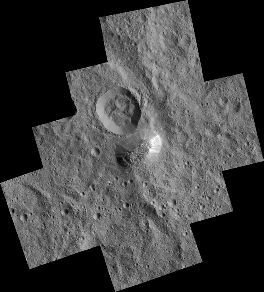 Composite image of Ahuna Mons captured by Dawn's framing camera with a resolution of 120 ft (35 m) per pixel.