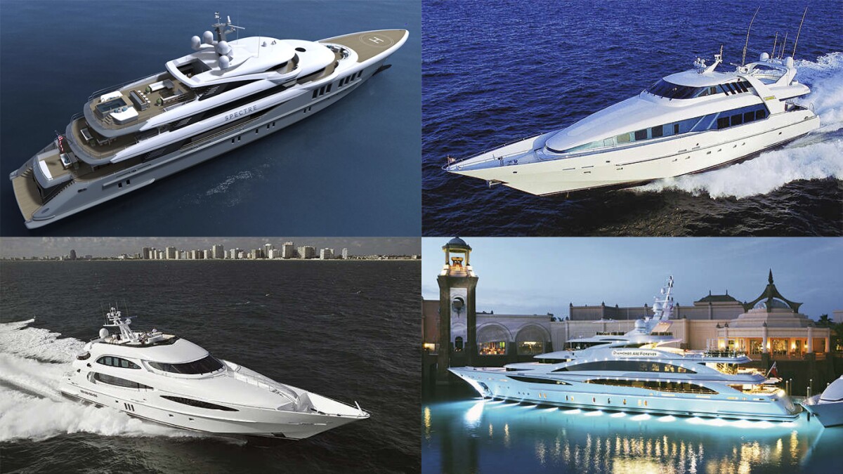 John Staluppi's superyacht collection includes his 33-knot, 66-m Spectre at top left above, with the 61-kn, 36-m Moonraker top right, the 66-kn, 42-m World is Not Enough (bottom left), and his 61-m Diamonds Are Forever at bottom right
