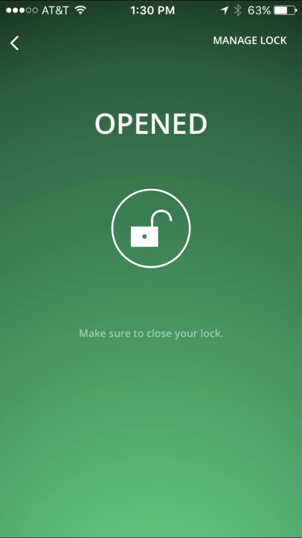 Lock opened dialog within Master Lock Vault iOS app
