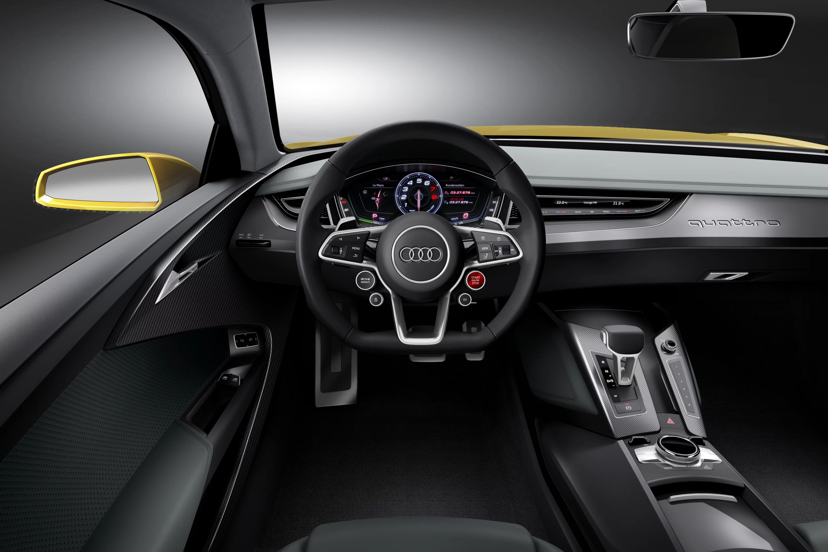 The Audi Sport Quattro Concept interior focuses on lightness and is driver centered