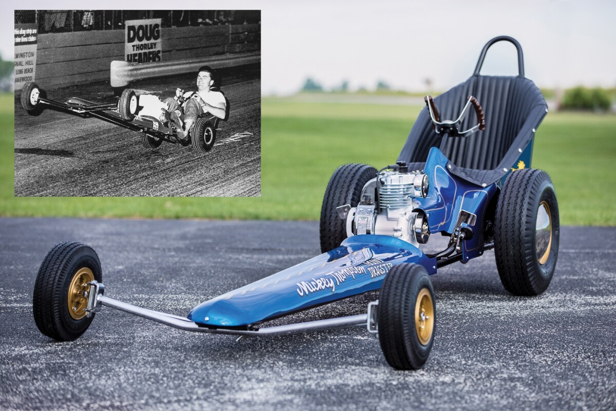 Racing legend Mickey Thompson designed and built this Mini Dragster, which he can be seen demonstrating in the inset shot. The dragster pulls spectacular wheelies, thanks to the driver's seat being positioned over the rear axle, so although the moderately powered 3 hp Tecumseh engine is only capable of 20 mph, the driver can lean back and balance the car indefinitely on the rear wheels. Approximately 180 dragsters were built by Thompson, and they were sold to a string of celebrities including Mario Andretti and Paul Newman. It sold for $19,040 at RM-Sotheeby's Scottsdale 2018 auction.
