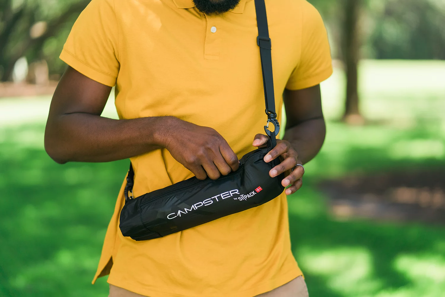 The included carry sack slings over the shoulder for easy transport