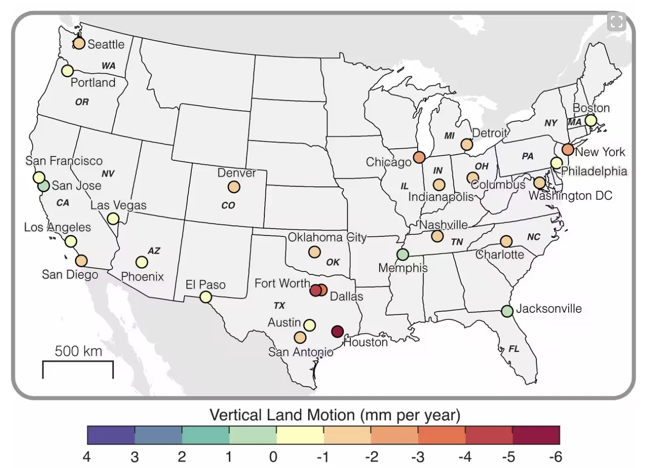 Urban Land Subsidence in US Cities. The average rate of vertical land motion (VLM) for 28 cities as evaluated; each circle is color-coded for average VLM
