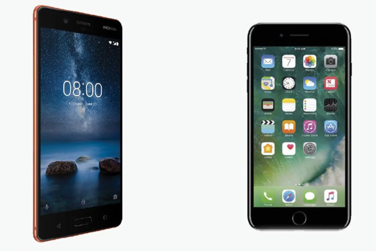 New Atlas compares the features and specs of the Nokia 8 (left) and Apple iPhone 7