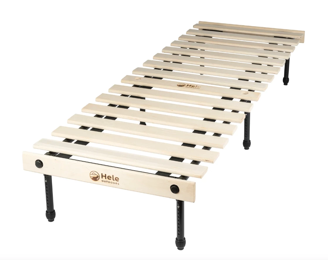 The Hele bed uses an aluminum-tube frame and slatted collapsible top platform