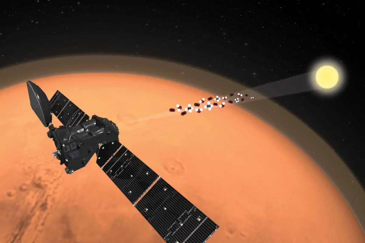 An illustration of the ExoMars Trace Gas Orbiter analyzing the atmosphere of Mars