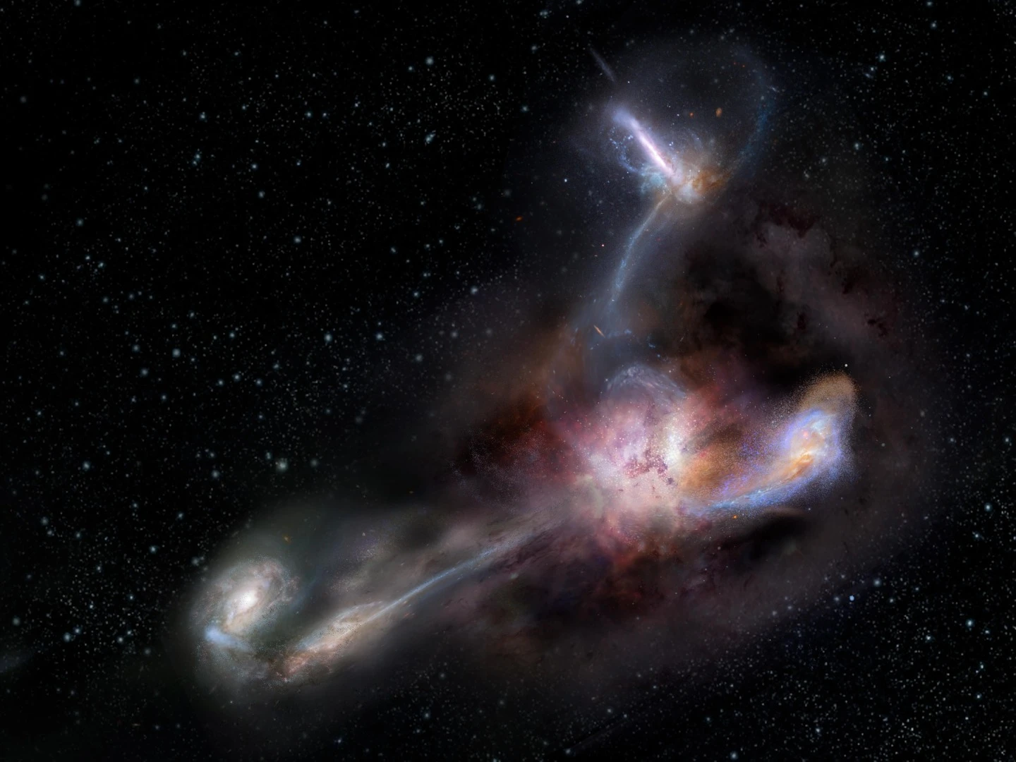 An artist's rendition of W2246-0526, the brightest-known galaxy that is cannibalizing three neighboring galaxies