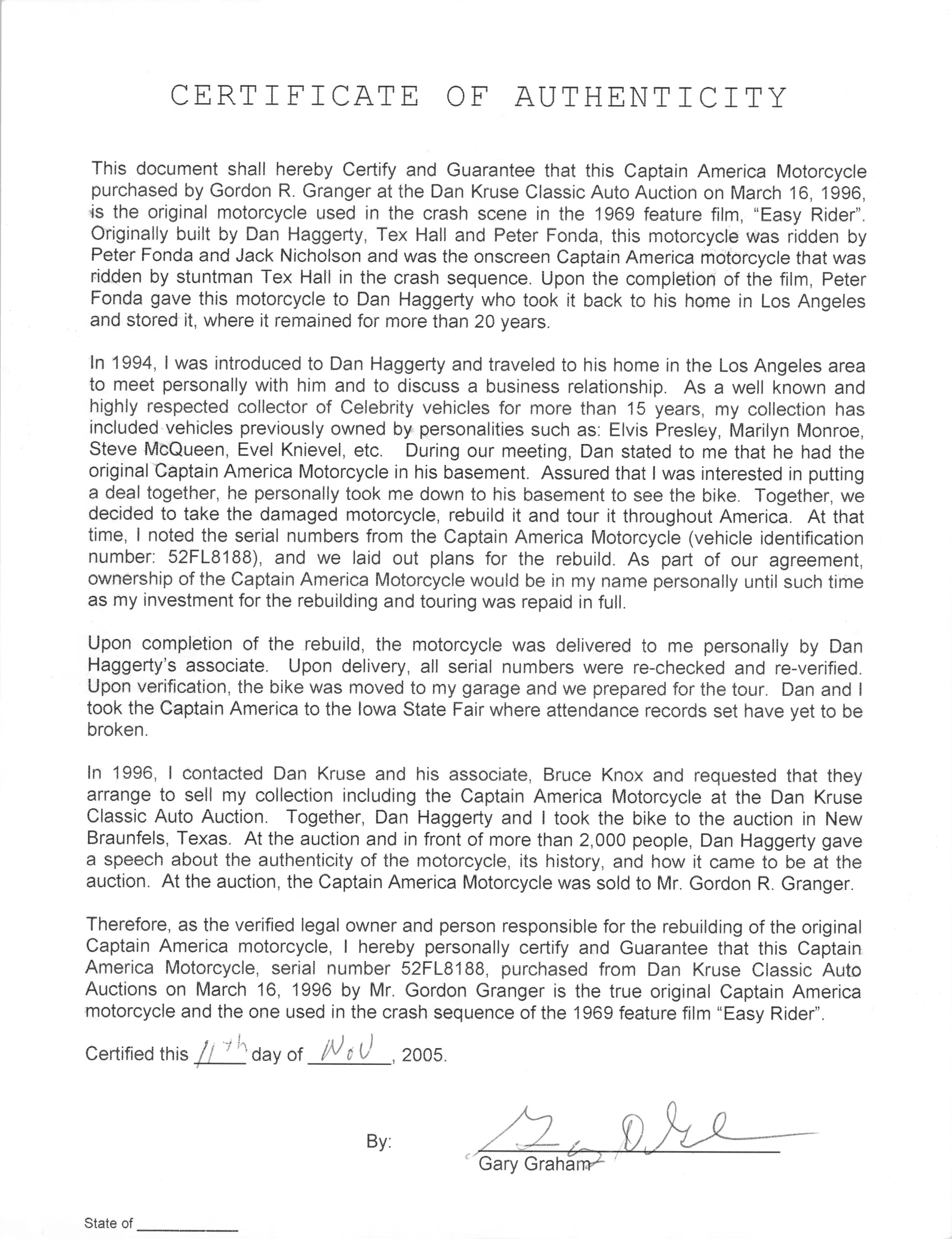 One of three certificates of authenticity provided to support the claims of authenticity of the Captain America Harley-Davidson Panhead Easy Rider Chopper from the Gordon Granger Collection