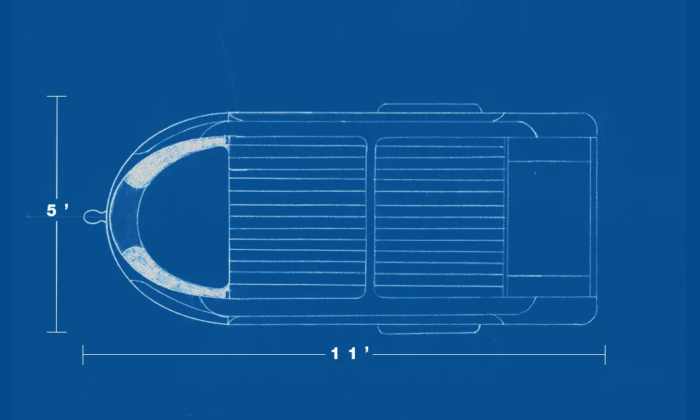 When closed, the Earth Traveler measures 5 x 5 x 11 ft (1.5 x 1.5 x 3.4 m), expanding to 11 x 7 x 11 ft (3.4 x 2.1 x 3.4 m) when opened at camp