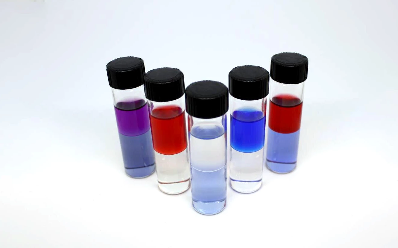 Amine solvents (top phase) extracting water from hypersaline brines (bottom phase)