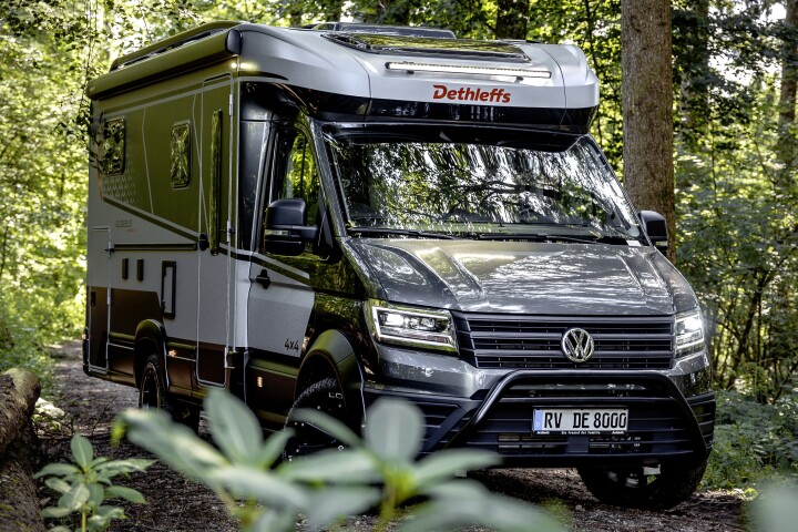 Dethleffs doesn't stop with a simple VW AWD system, adding in 18-in off-road tires on matte black rims, a black bull bar, a ladder and an integrated front LED light bar