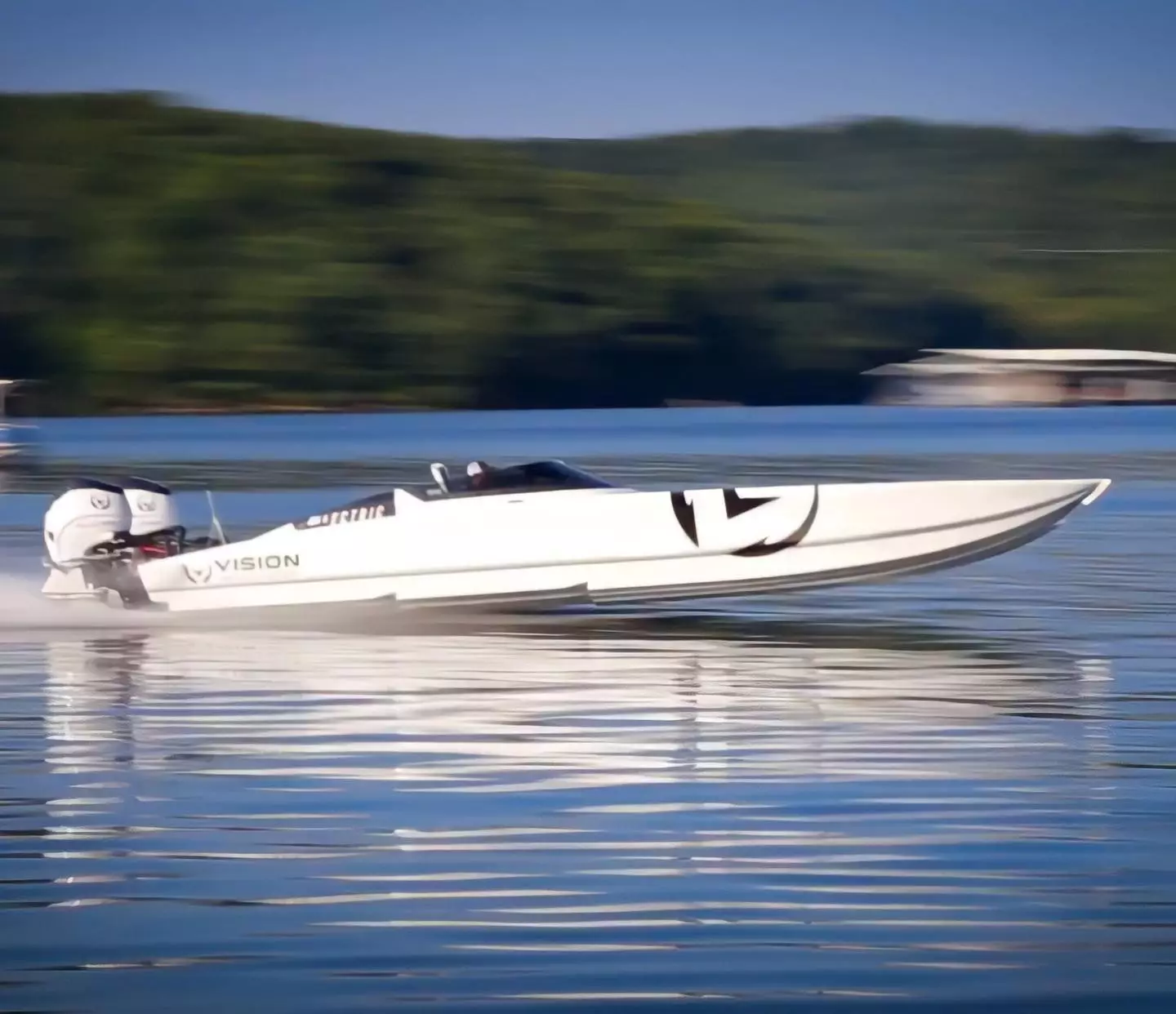 The V32 all-electric catamaran on the water at the Lake of the Ozarks Shootout