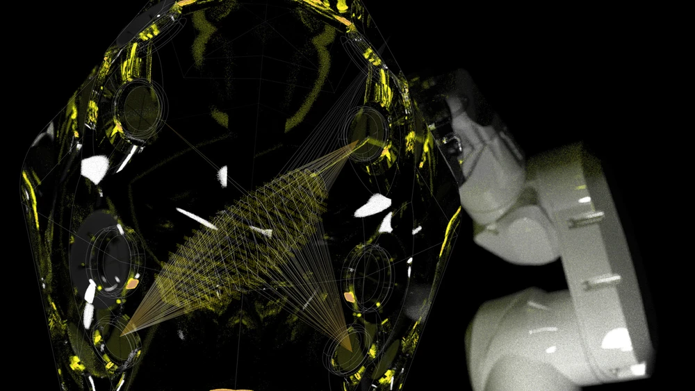 Image from "Suspended Depositions" project by Brian Harms, 2013 which used robots to shape resin in three dimensions (Photo: SCI-Arc)