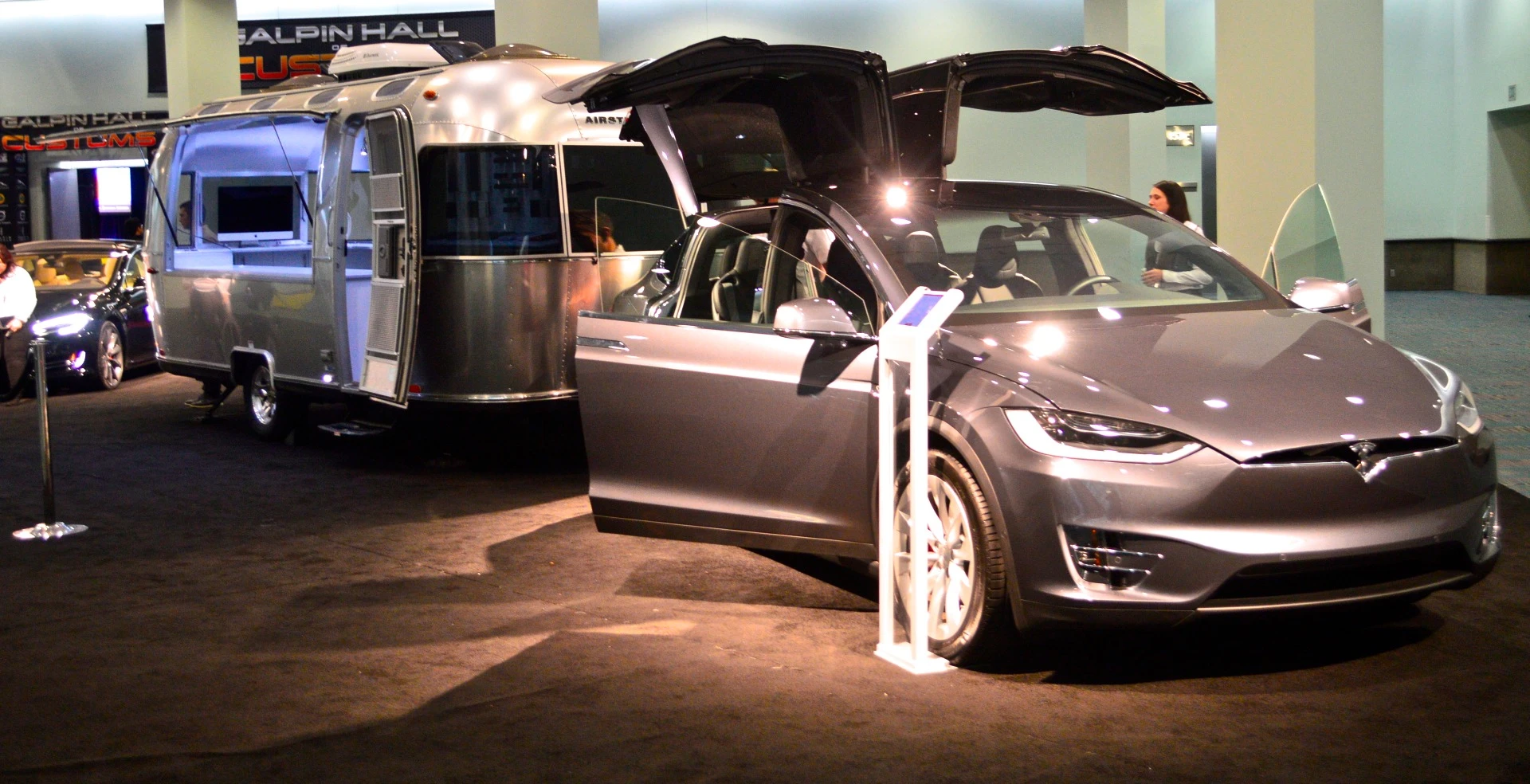 The Tesla Model X towing an Airstream camping trailer
