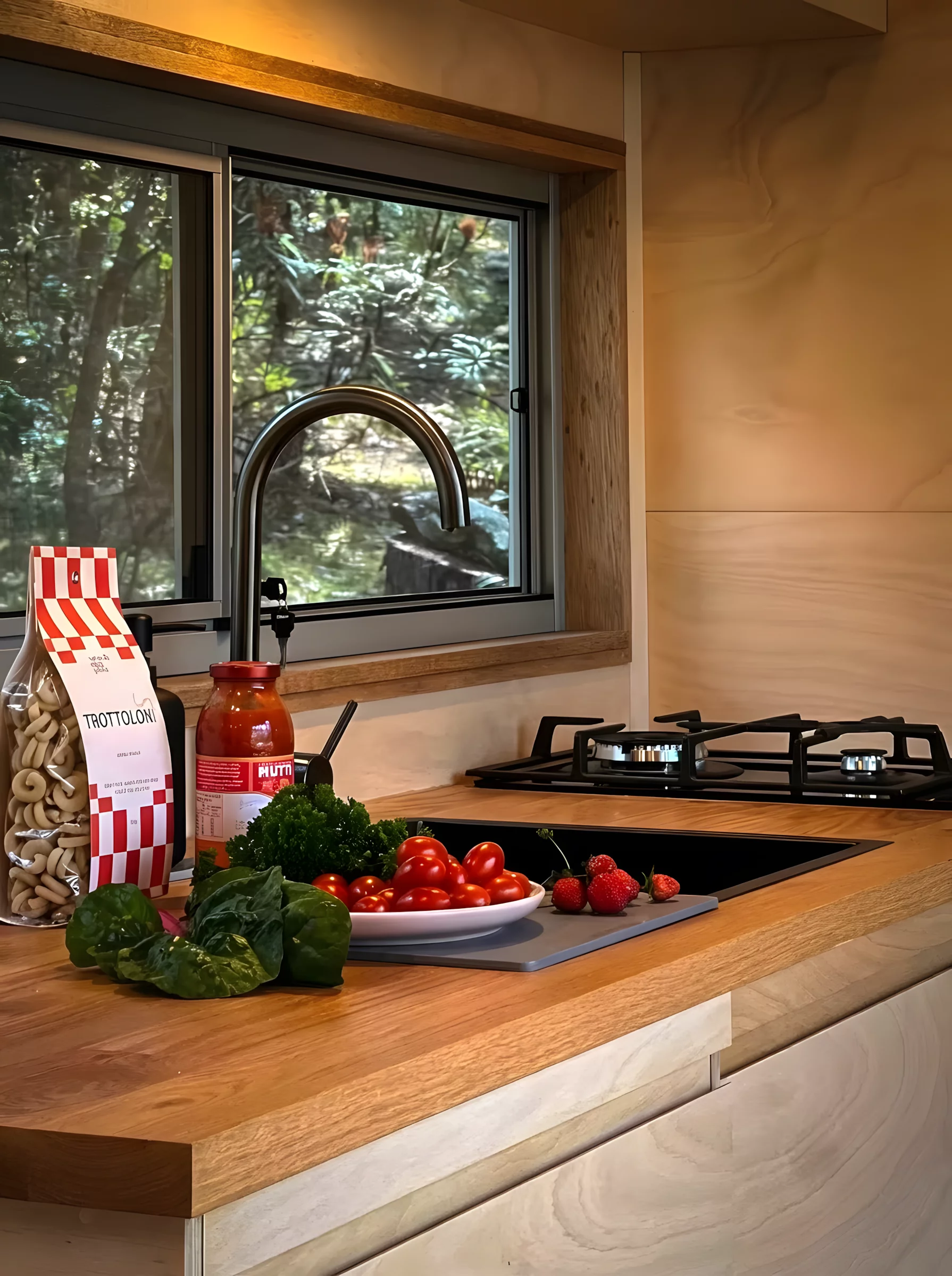 The Zinc Studio Cabin's kitchen is small and simple, reflecting its use as a vacation home