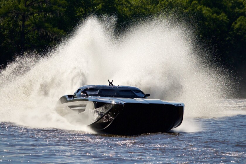 It isn't a car but hey, with two 1350hp QC4V Mercury Racing engines, this racing boat can exceed 180 mph according to the official auction description, which continues: Inside the luxury air-conditioned cockpit is a genuine Italian leather interior featuring eight Italian leather seats with intercom and VHR radio systems, an Alcantara headliner, suspension seats for the driver and throttleman, a 40,000-watt interior and exterior stereo, five video entertainment monitors, a Garmin 8200 Series navigation system, an FLIR thermal camera, air conditioning and custom LED lighting.