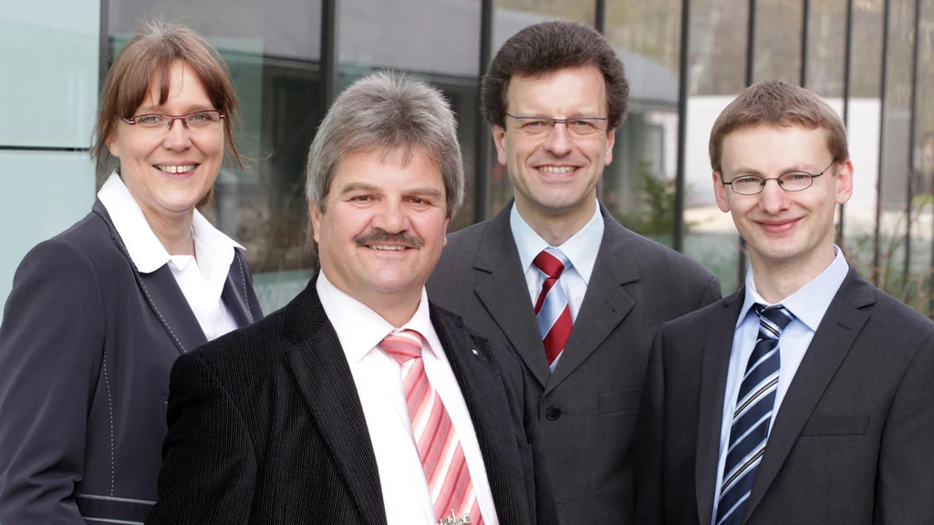 Dr. Simone Kondruweit, Dr. Lothar Schafer, Dr. Markus Hofer, Markus Armgard of IST where the DiaCer coatings and systems were designed (Image: Fraunhofer/Dirk Mahler)