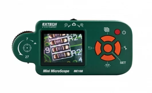 Extech Instruments' MC108 mini-microscope has the advantage of a 1.8-inch color LCD screen to view images, without needing to be plugged into a PC