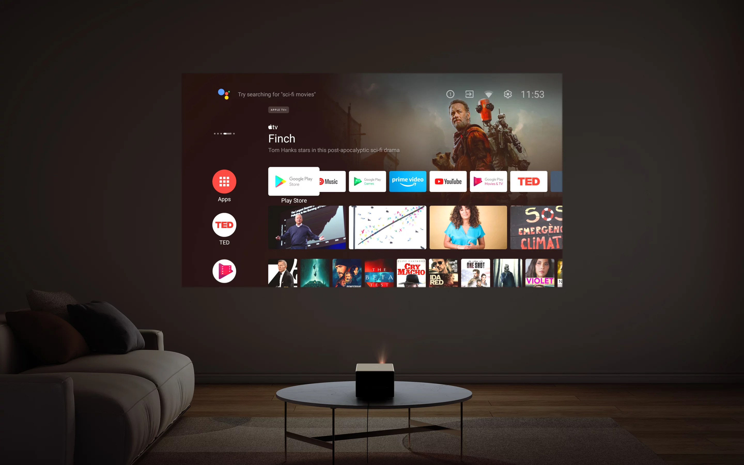 The Horizon Ultra 4K projector runs Android TV 11 for access to thousands of entertainment apps