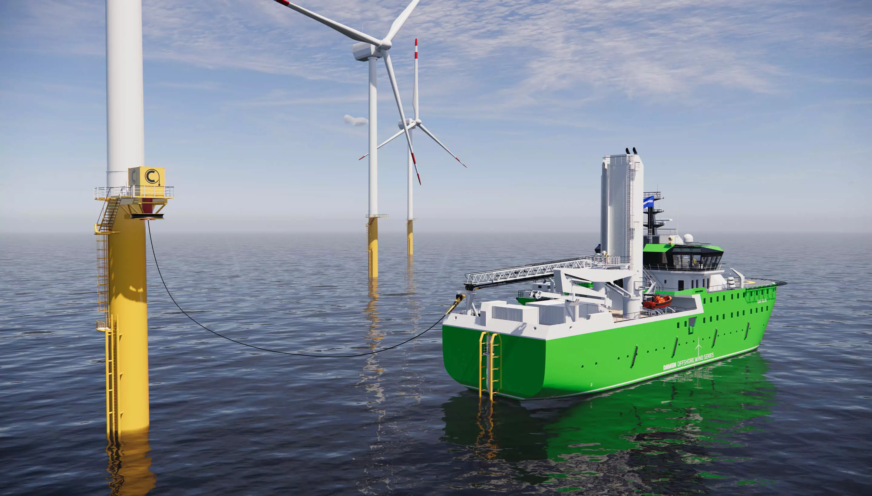 Damen partnered with MJR Power & Automation to develop a charging system to allow the SOC 7017 E to top up at sea via a wind turbine or offshore substation
