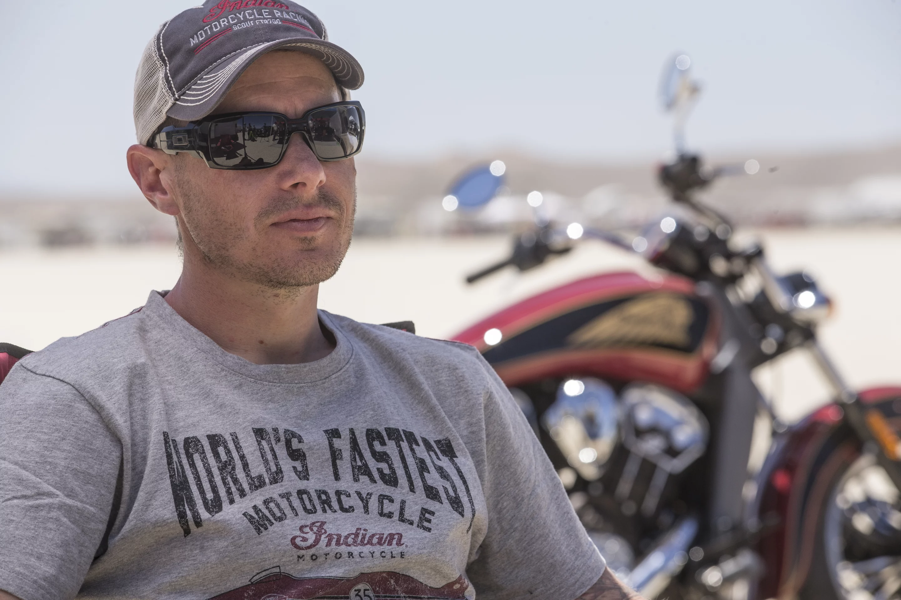 Lee Munro catching some shade between test runs at El Mirage, California