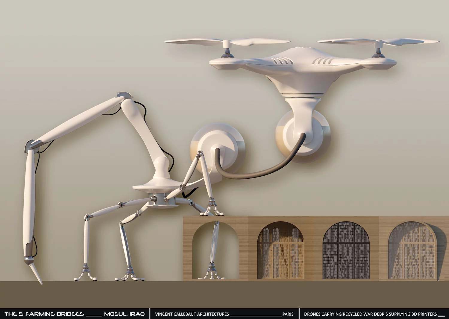 The spider-shaped robots and drones would be tasked with building over 50,000 affordable homes