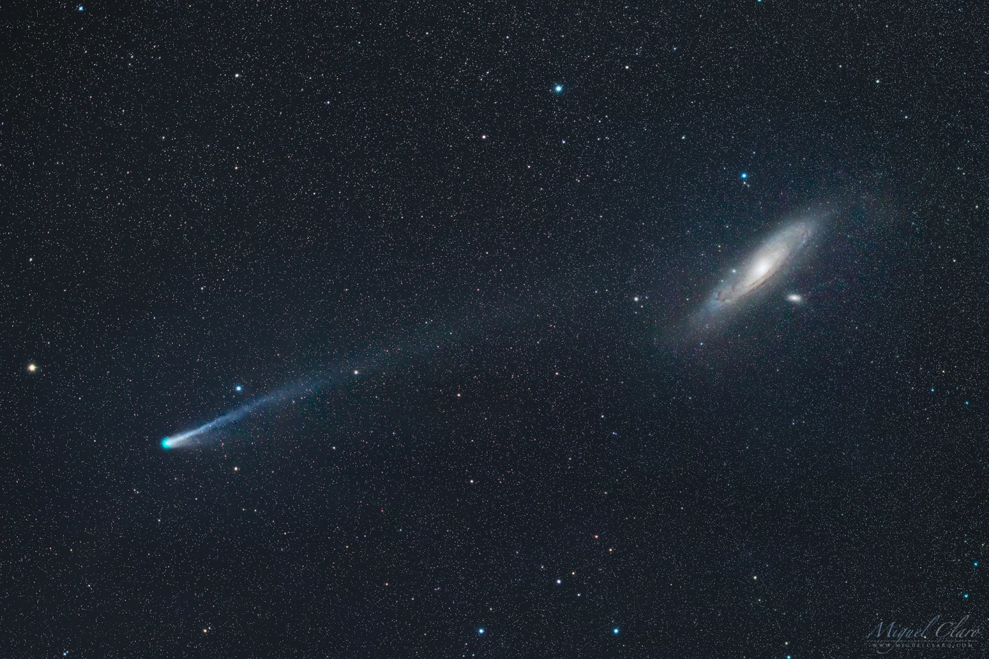 Comet 12P/Pons-Brooks passes the Andromeda galaxy on March 11, 2024. Taken by astrophotographer Miguel Claro in Portugal