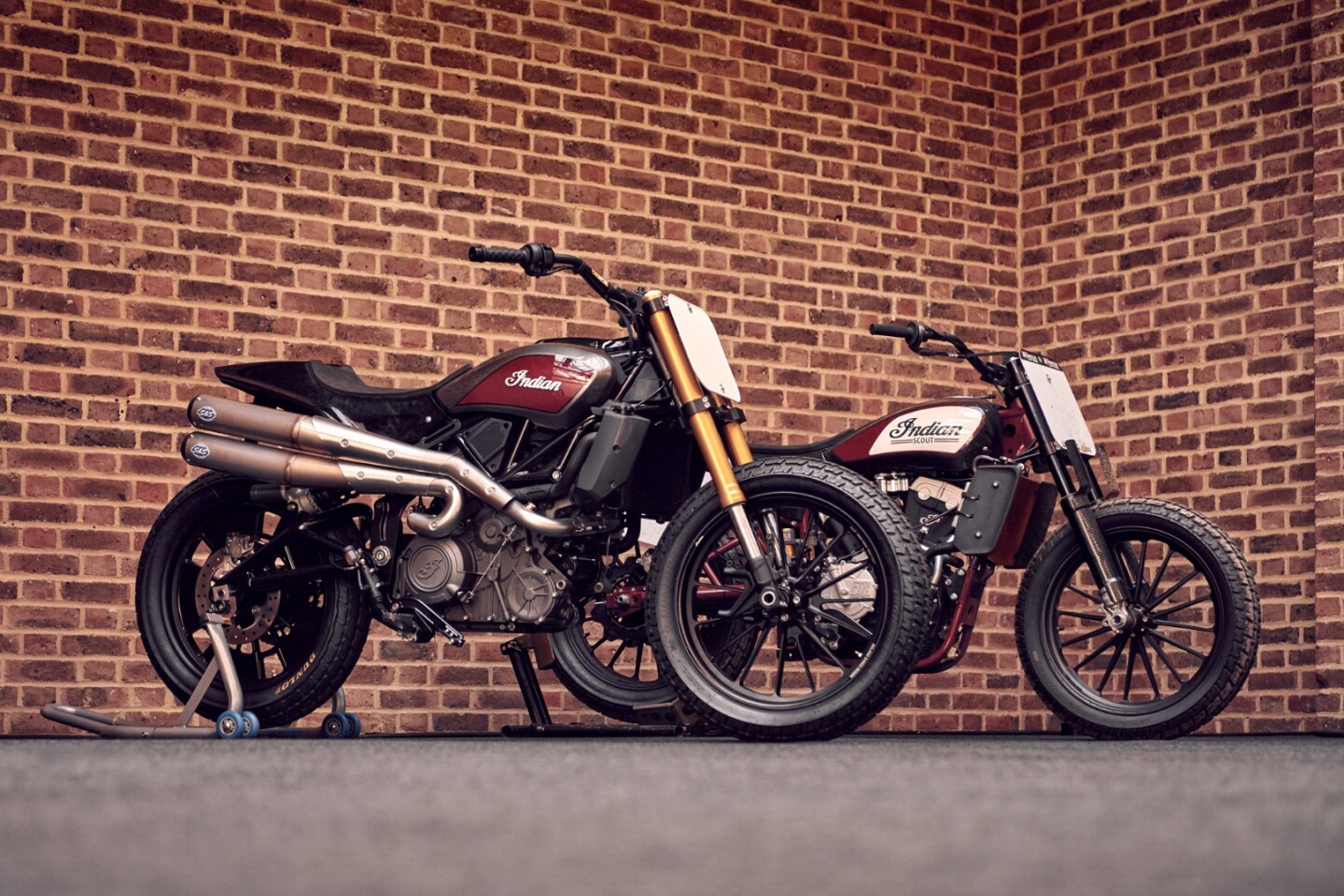 The Hooligan racer next to its purebred flat track brother