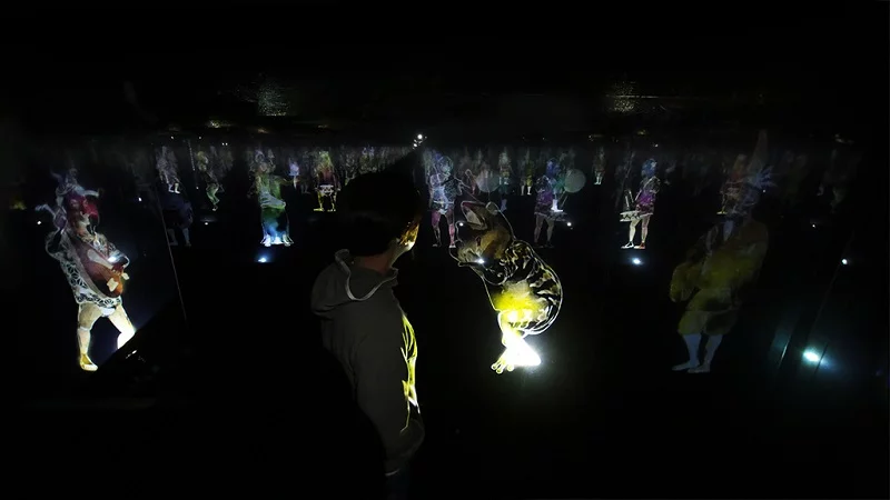 A visitor observes a hologram of a frog (Photo: TeamLab)