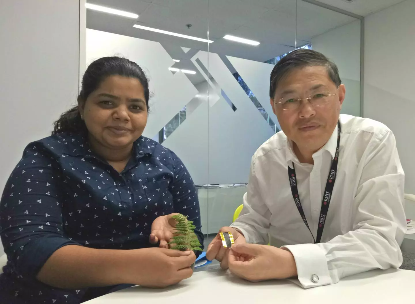 Lead author Litty Thekkekara, left, and co-author Min Gu, right, hold up samples of the new electrode and the fern leaf that inspired its structure