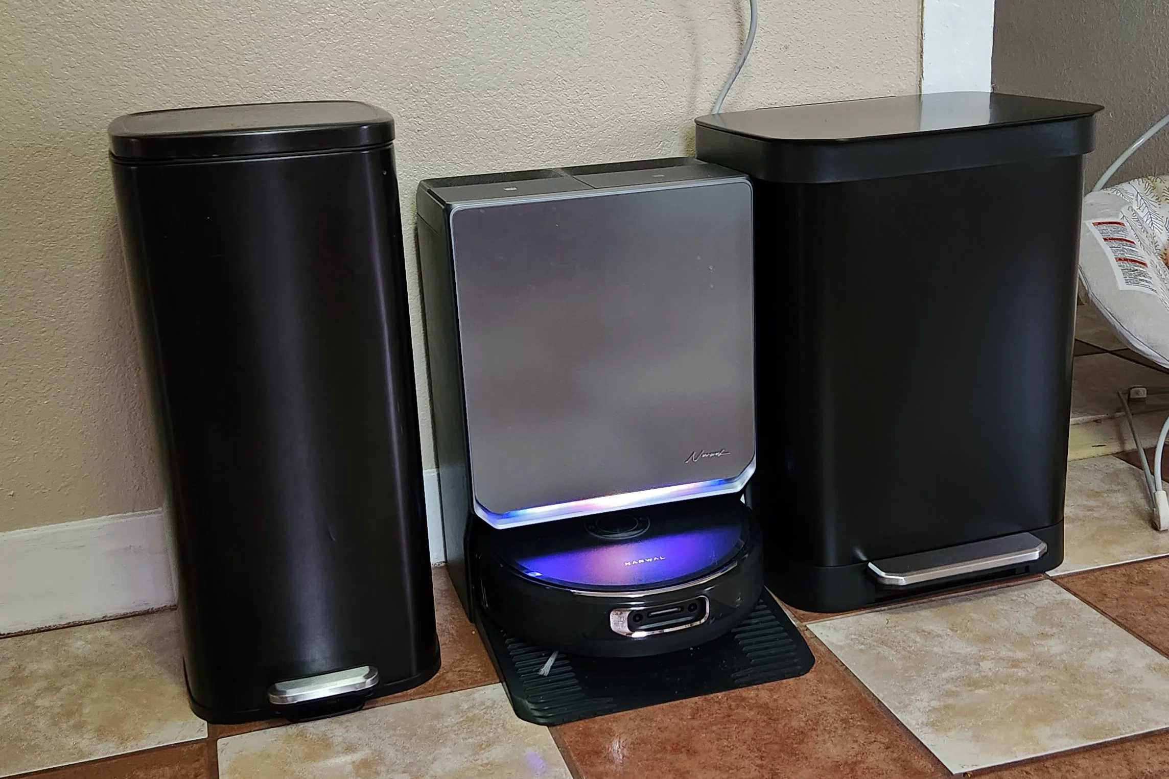 Home base. For reference, those are both 13-gallon (42-liter) trash cans ... we take our recycling – and our flooring – seriously here.