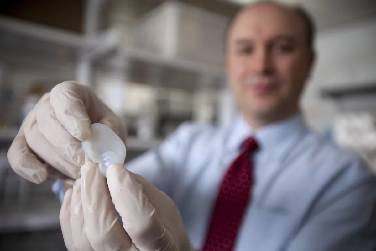 Researcher Lawrence Bonassar holds a fabricated ear created with a 3D printer (Photo: Lindsay France/Cornell University Photography)