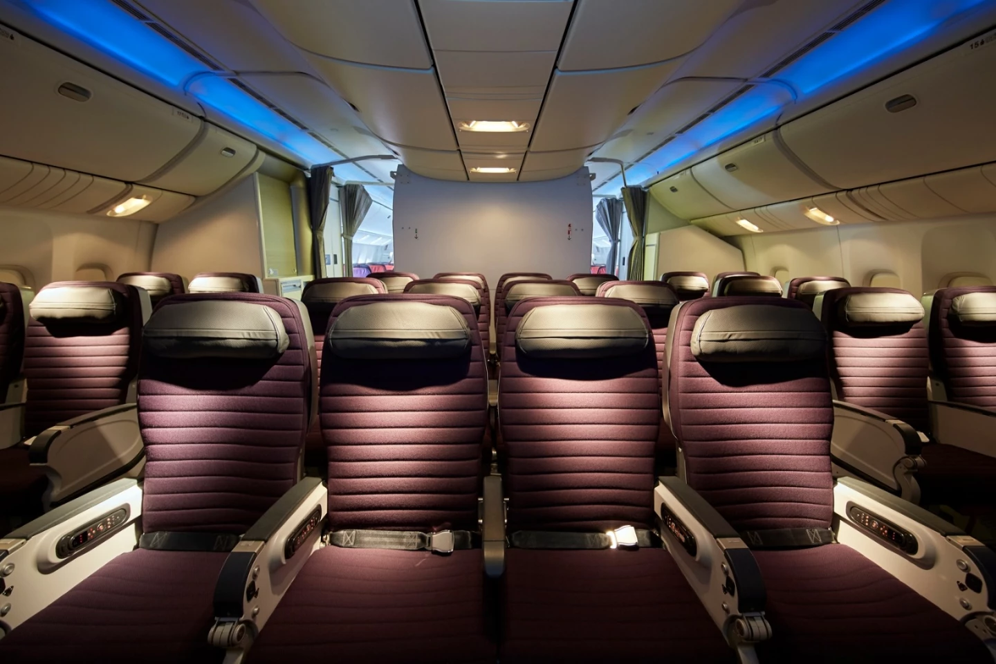 The improved premium economy class cabin has 24 seats, each with a 10.6-in seatback screen, power and USB outlets and an hourly "cocktails and movie snack service"