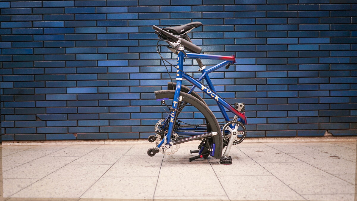 The tuck bike, folded up and ready to be toted
