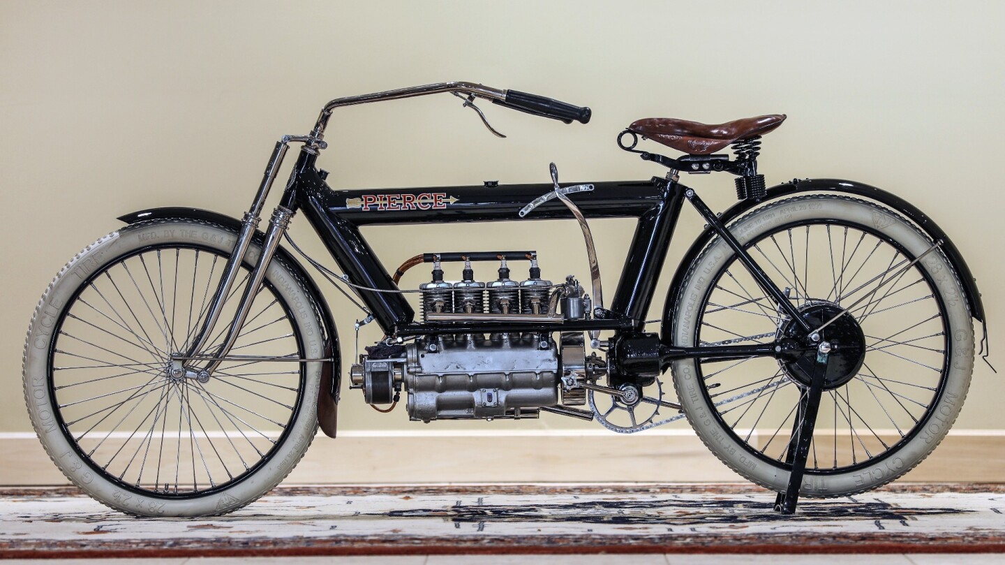 The King of American roads for a time, this 1910 Pierce Four is the first model of an American four-cylinder motorcycle, beginning a proud tradition of American fours. In a "no reserve" auction, it sold for $96,800 against an estimate of $150,000 to $250,000. Official Auction Description