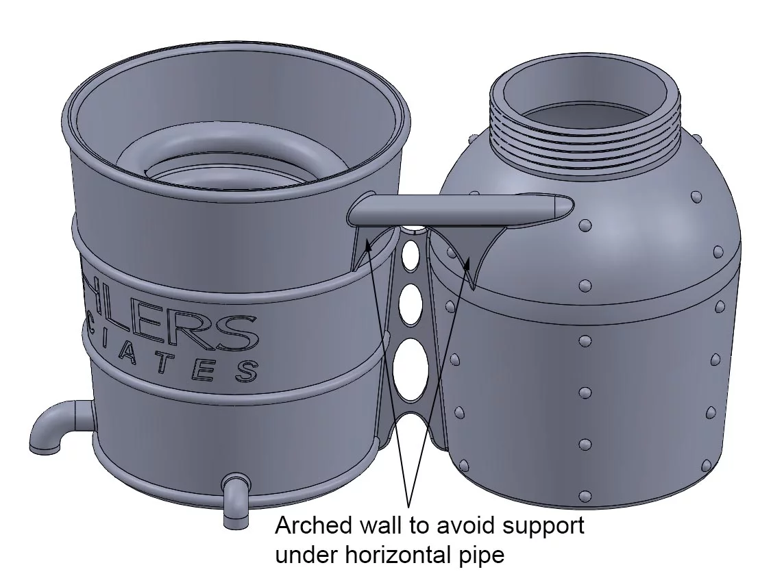 CAD design showing arched wall supports for the connecting pipe