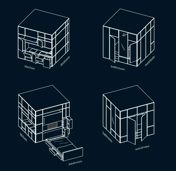 Cubitat comes equipped with a kitchen, bedroom, entertaining area, bathroom, laundry and storage space
