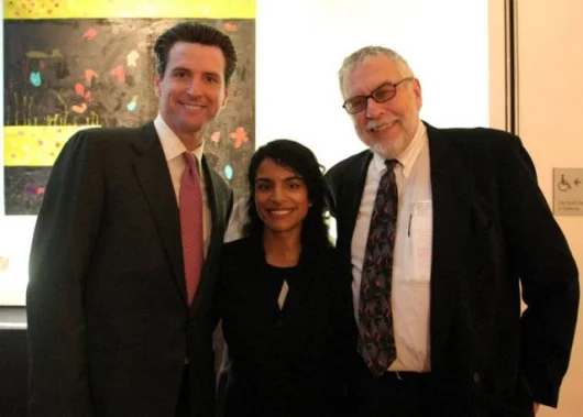 Mayor Newsom, Archana Chattha (VP Metreon), and Nolan Bushnell at the 2005 inaugural ceremony