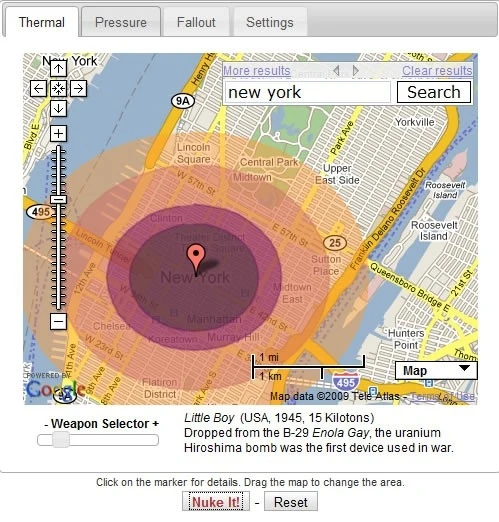 The thermal effects of the "Little Boy" nuclear bomb if it was dropped on New York City.
