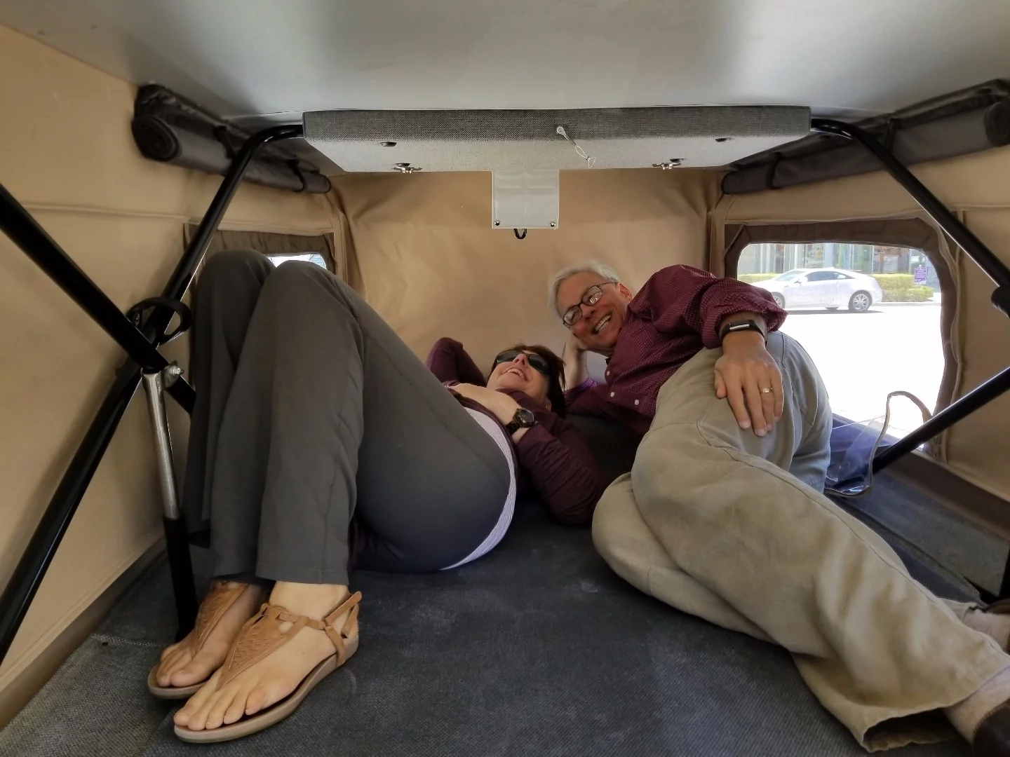 The pop-up roof has a built-in bed