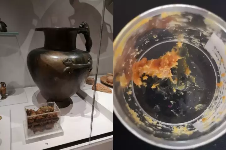 One of the Greek bronze hydrias (vessels with three handles) and the mystery residue on the right.